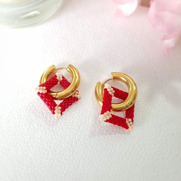 Gold stainless steel hoop earrings with red square beaded charm, big hoops