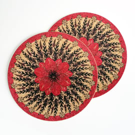  Rose Pink Flower & Feather Round Cork Tablemats - Set of Two