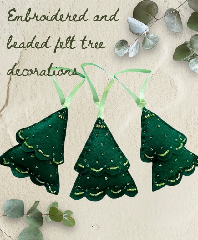 Felt hanging Christmas tree bauble decoration. Hand embroidered and beaded