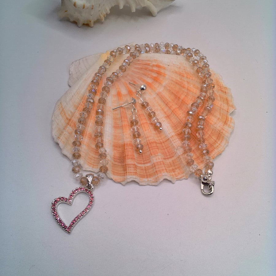 Pink Rhinestone Heart on a Dusky Pink and Clear Crystal Necklace and Earrings