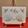 Christmas Hedgehogs. Hand Embroidered Christmas Card