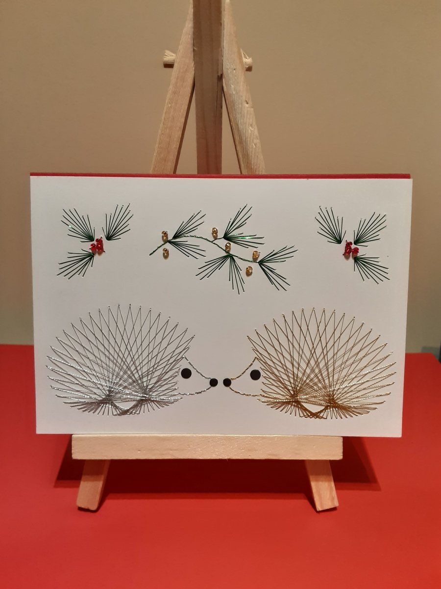 Christmas Hedgehogs. Hand Embroidered Christmas Card