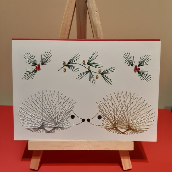 Christmas Hedgehogs. Hand Embroidered Christmas Card