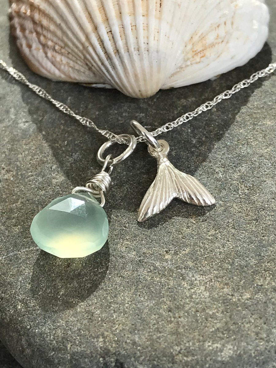 Aqua blue chalcedony & sterling silver mermaid tail ladies necklace gift for her
