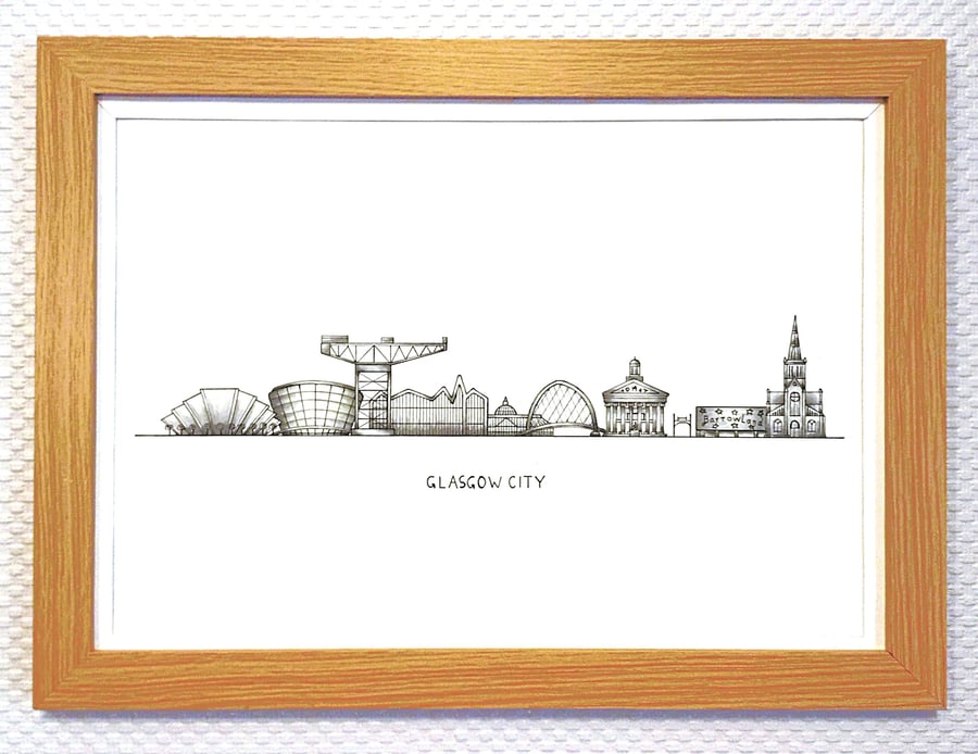 Glasgow Cityscape Handmade Unique Framed A3 Print White Border Wallart Gift