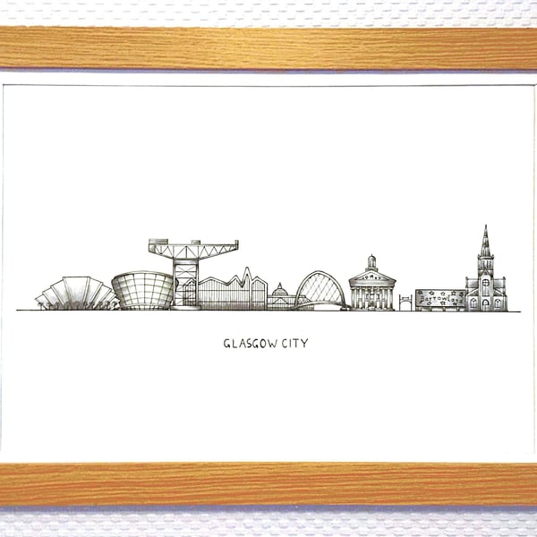 Glasgow Cityscape Handmade Unique Framed A3 Print White Border Wallart Gift