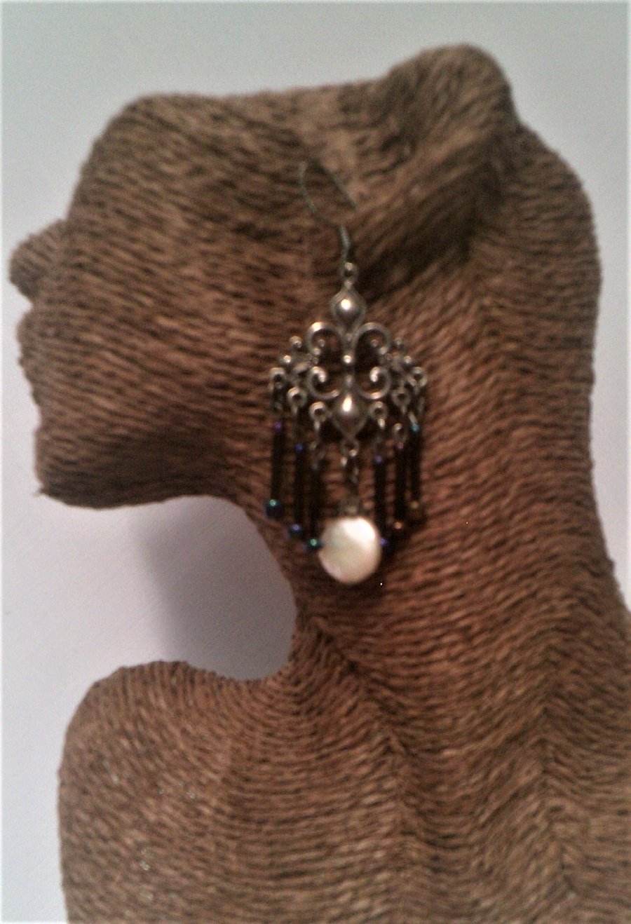 White Freshwater Pearl Dangly Chandelier Earrings with Black Seed Beads