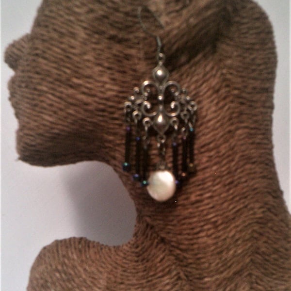 White Freshwater Pearl Dangly Chandelier Earrings with Black Seed Beads