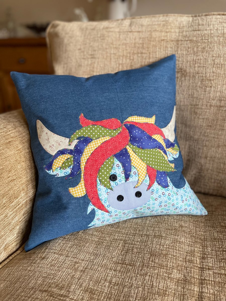 Highland cow appliqué cushion cover