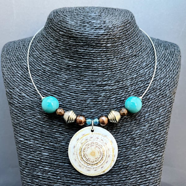 Unique upcycled bead necklace with shell pendant - sustainable jewellery