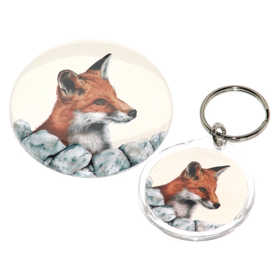 Round keyring and pocket mirror gift set - Red Fox
