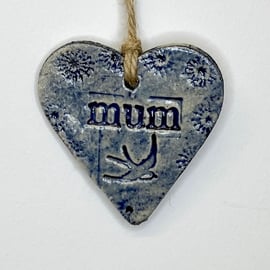 Mum -  hand made ceramic clay  hanging heart, decorative, free shipping,