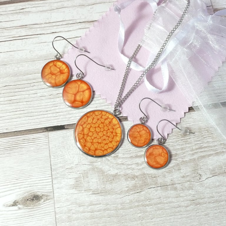 Bright Orange enamel and resin pendant and dangle earring set
