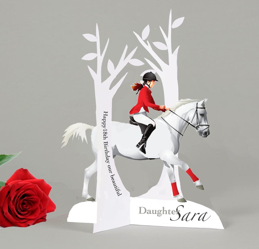 Personalised 3D Horse Riding Birthday card any age for a Daughter, Granddaughter