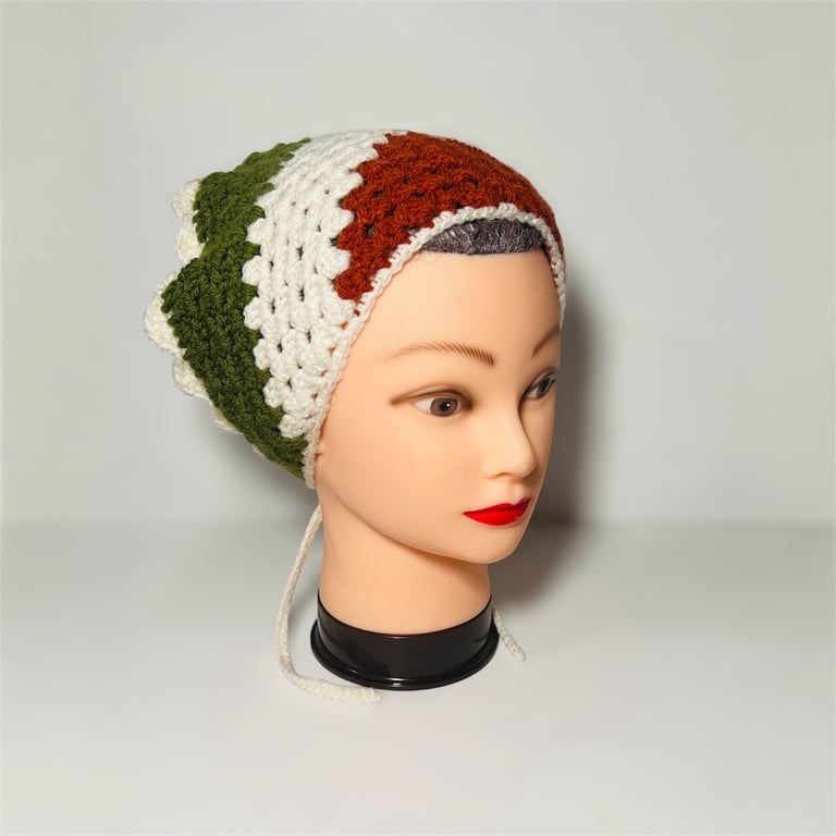 Cottagecore Crochet Bandana - Green and Cream Hair Accessory - Festival Headwear