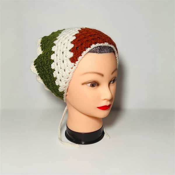 Cottagecore Crochet Bandana - Green and Cream Hair Accessory - Festival Headwear