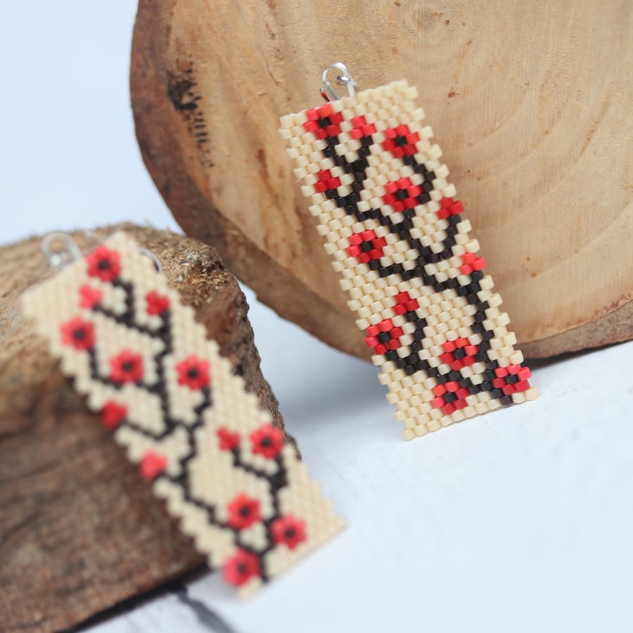Rectangular Beaded Earrings Red Flowers on Cream Background