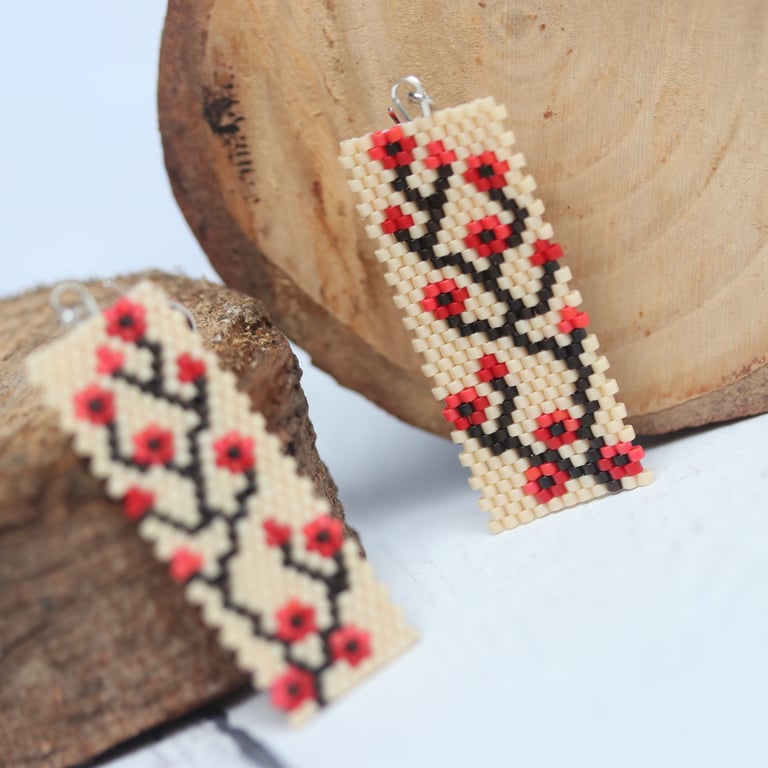 Rectangular Beaded Earrings Red Flowers on Cream Background