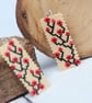 Rectangular Beaded Earrings Red Flowers on Cream Background