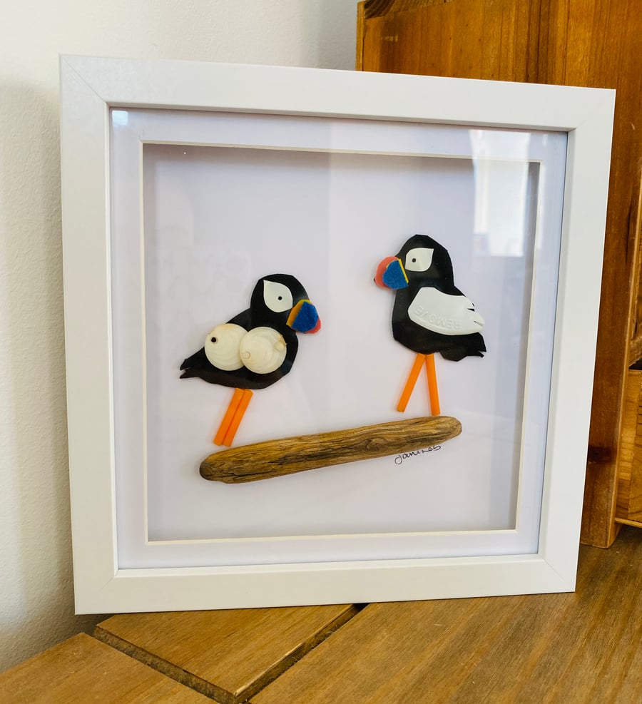 Framed Beach Plastic Atlantic Puffins