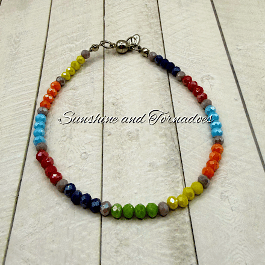  Handmade Rainbow Beaded Bracelet – Colourful 3x4mm Faceted Glass Bead Jewellery