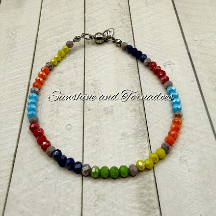  Handmade Rainbow Beaded Bracelet – Colourful 3x4mm Faceted Glass Bead Jewellery