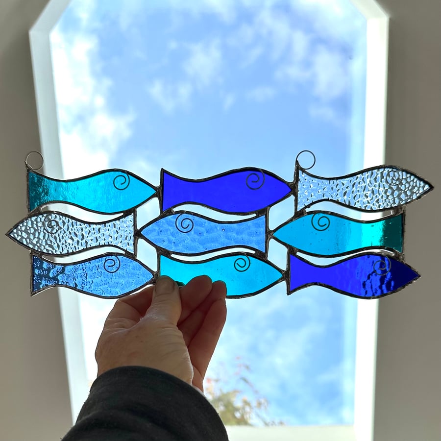 Stained Glass Fish Shoal Suncatcher - Window Decoration - Blue and Teal