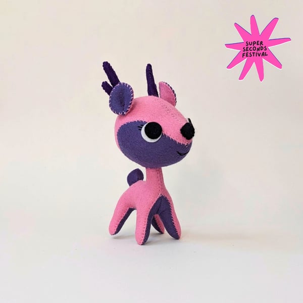 Pink Playful Fawn, wool felt sculpture, Super Seconds Festival