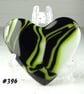 Fused glass heart green black white pocket hug with stand 5x4.5cm (396)