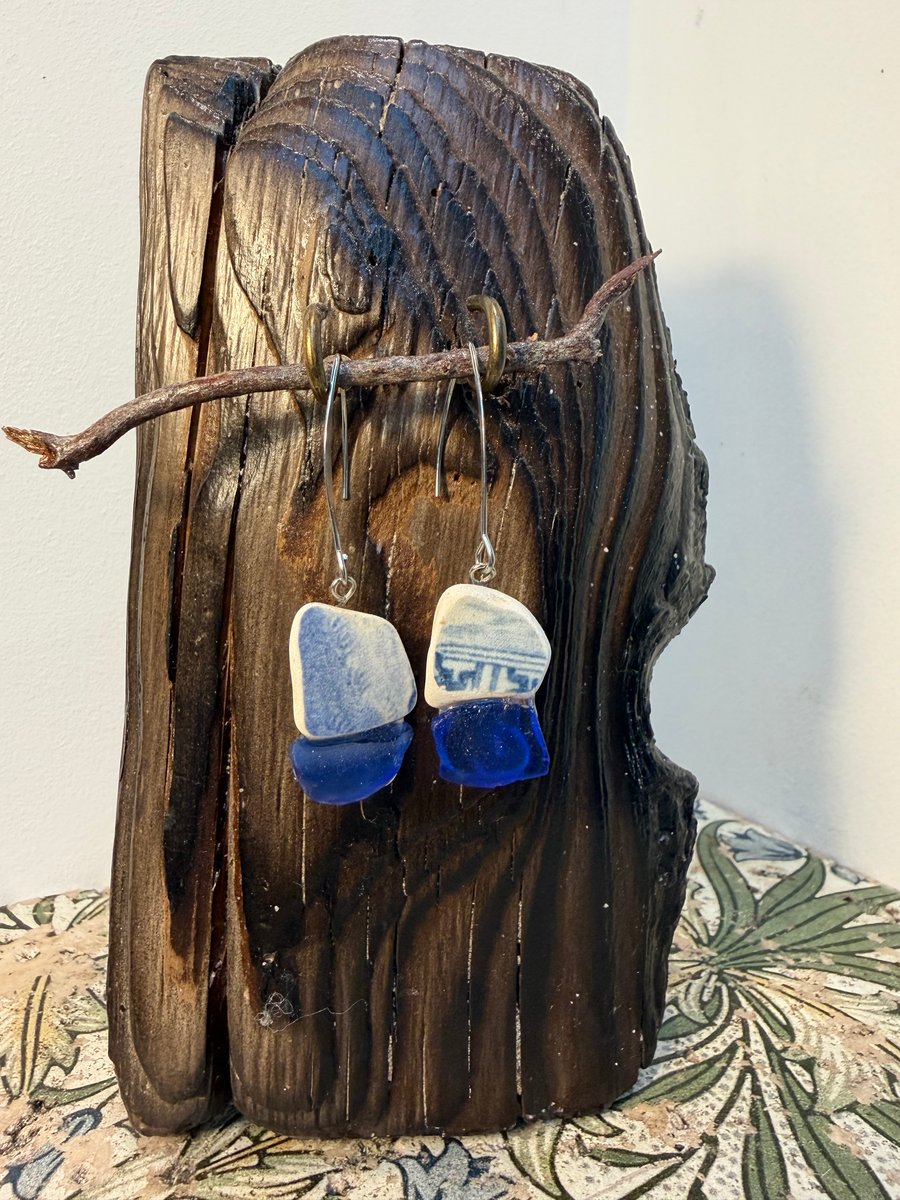 Blue sea glass and pottery earrings