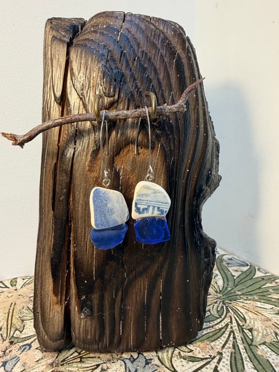 Blue sea glass and pottery earrings