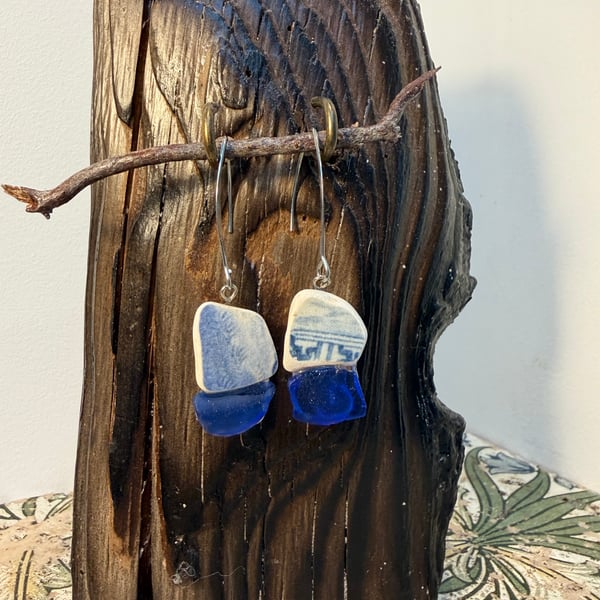 Blue sea glass and pottery earrings