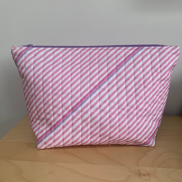 Pink Diagonal Stripes Quilted Fabric Washbag