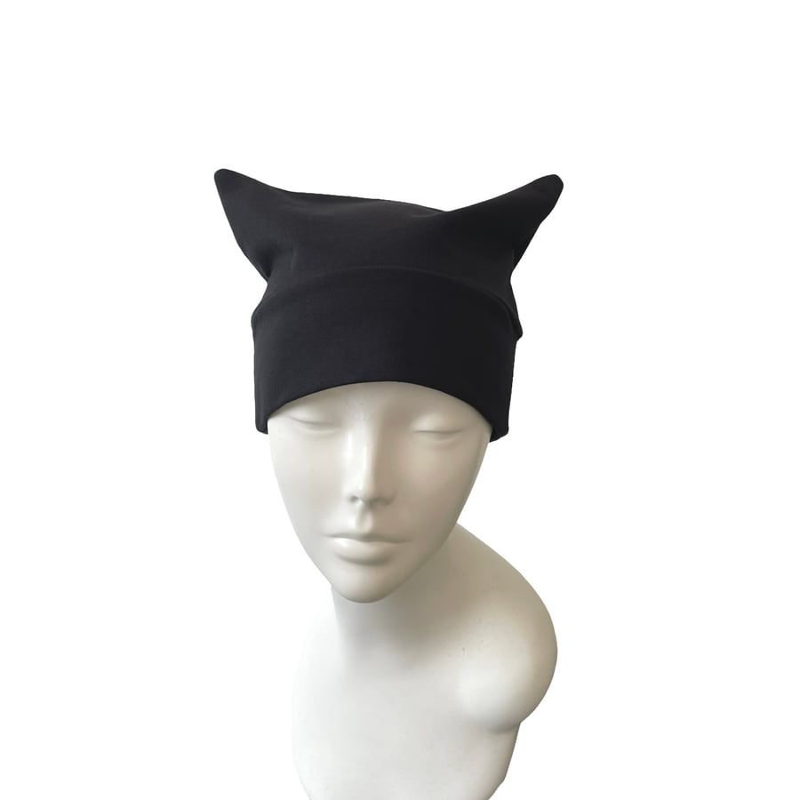 Black Cat Ear Beanie Hat Soft Jersey Knit Adult Kawaii Fashion Cosplay Accessory