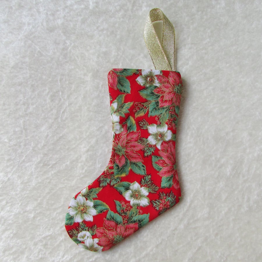 SALE - Small Christmas stocking tree decoration - red, green and gold fabric
