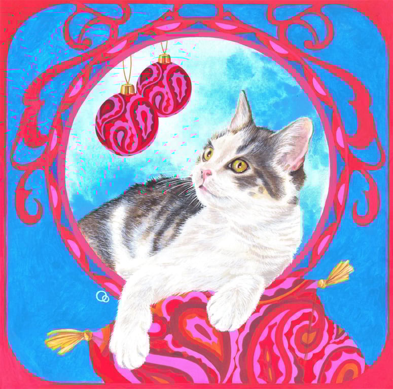 Art Nouveau Cat Handmade Christmas Card