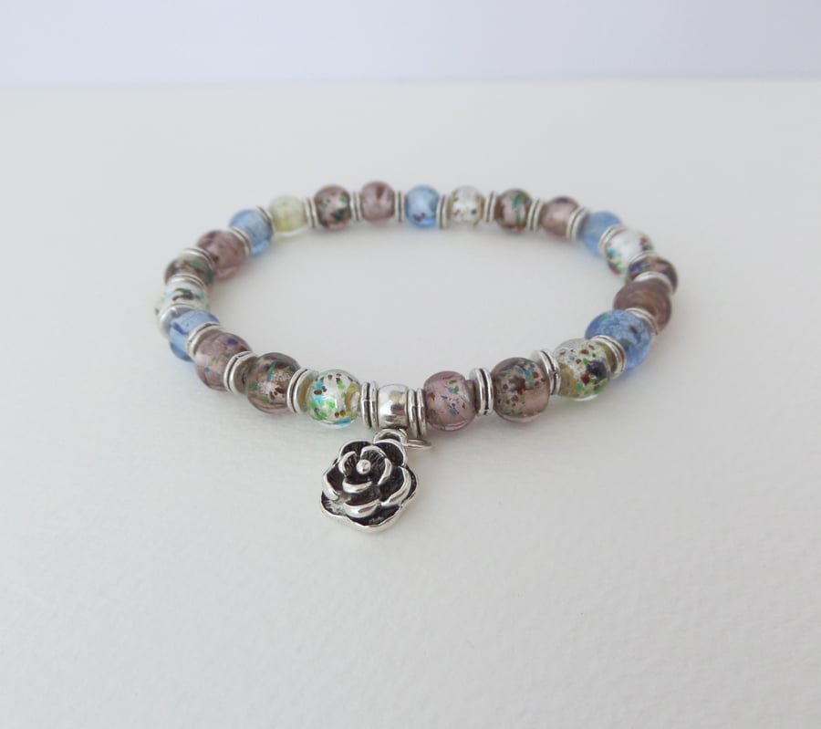 Flower Charm Bracelet, Glass Beaded Bracelet, Elastic Nature Lover's Gift