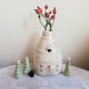 Handmade ceramic house vase with robin bird, Christmas bud vase pottery new home
