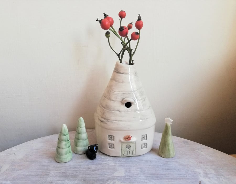 Handmade ceramic house vase with robin bird, Christmas bud vase pottery new home