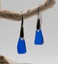 Rhodium plated 925 sterling silver cobalt blue sea glass earrings