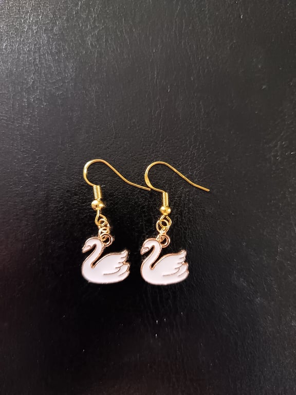 White and gold swan charm dangle earrings 