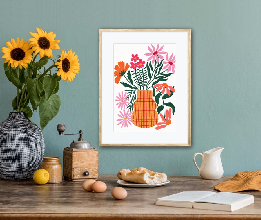 Yellow Flower Vase Still Life Illustration Art Print