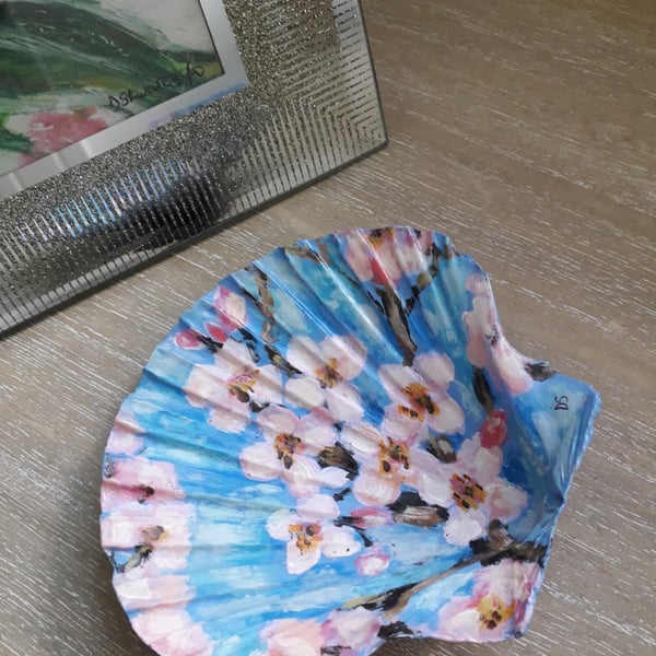 Handpainted "cherry blossom" king scallop shell trinket dish