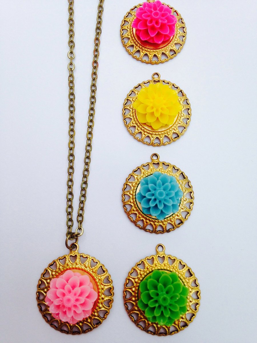 Vintage brass bright flower necklace, choose colour