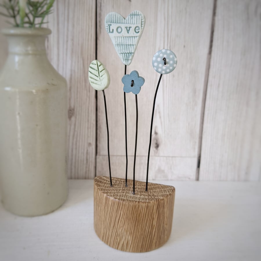 Clay Love Heart with Button Flowers in Oak block