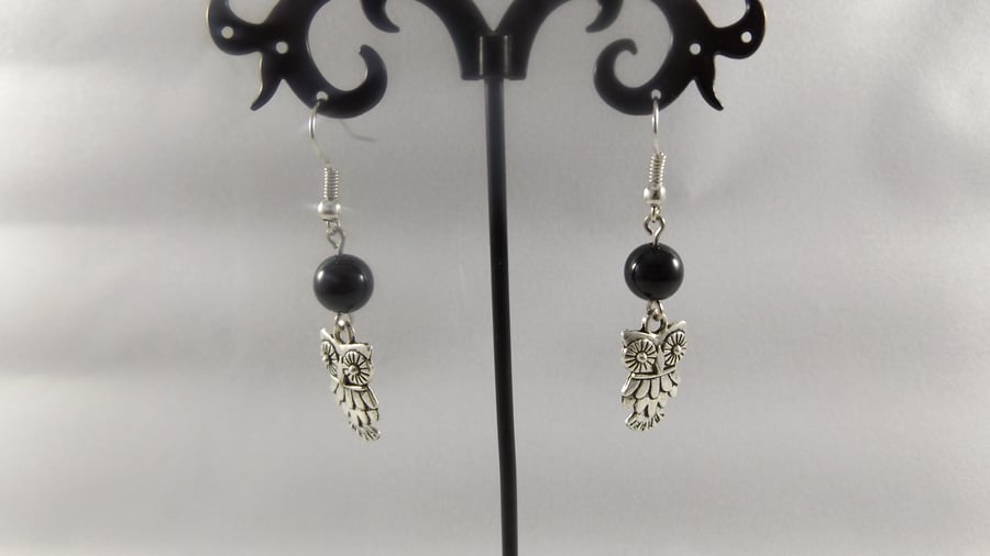 earrings black agate with owl charm