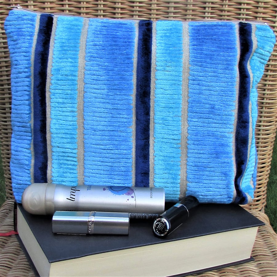 Striped velvet-finish toiletry bag in turquoise, blue and beige