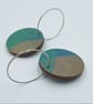 Round, wooden, hand printed hoop earrings in brown pink and blue-green - Image 5