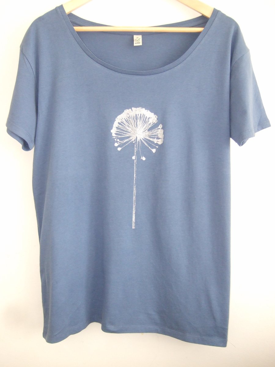 Silver Allium print Womens  organic cotton and Tencel T shirt light denim blue