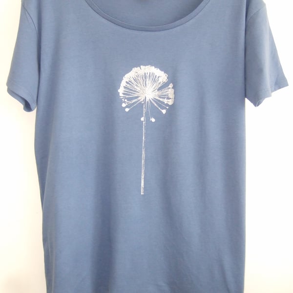 Silver Allium print Womens  organic cotton and Tencel T shirt light denim blue